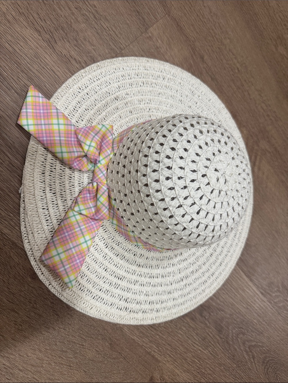 White Straw Sun Hat with Pastel Plaid Bow